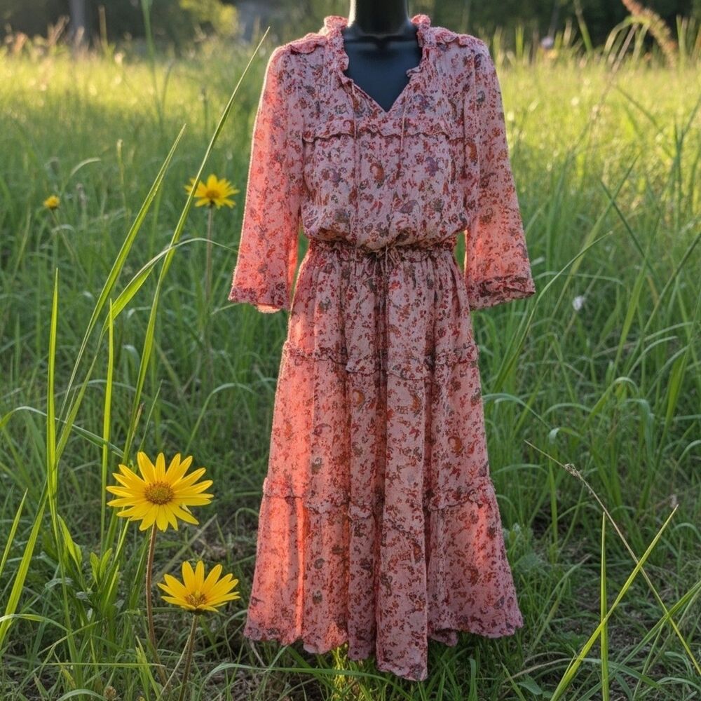 MOLIIN Copenhagen Tiered Ruffled Long Dress Deep Pink Boho $230 European Brand